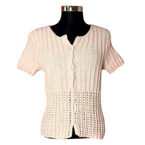 Vintage Crocheted Baby Pink Short Sleeve Cardigan Women's M